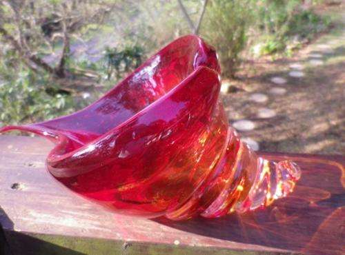 Stunning large heavy vintage MURANO shell-shaped vase. Rich reds & oranges encased in clear glass