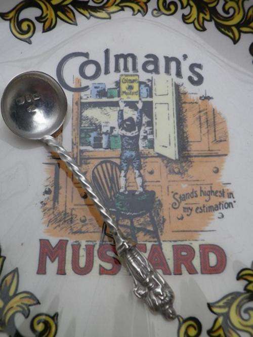 ANTIQUE hallmarked silver George Unite 'apostle mustard spoon, B/ham 1889 + "Colman's Mustard"dish