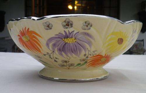 FABULOUS VINTAGE ARTHUR WOOD BOWL DECORATED WITH FLOWERS & PLATINUM EDGED