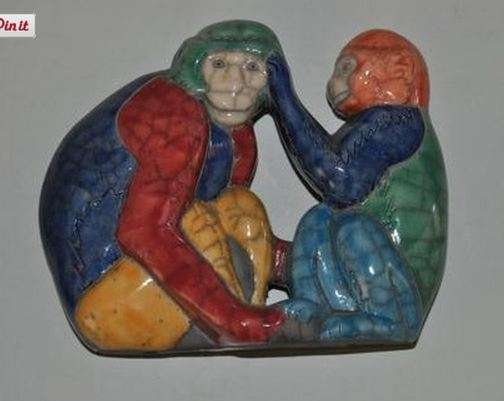 Stunning brightly coloured South African Raku fired pottery figurine of a monkey grooming his mate
