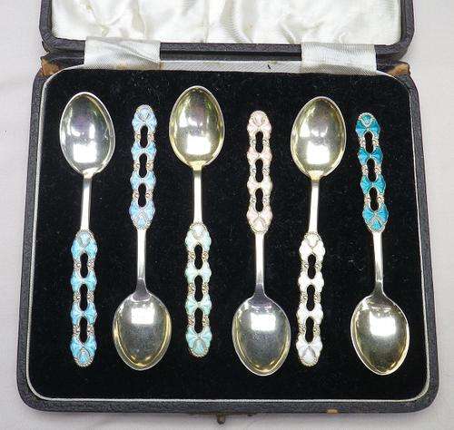 FOR JKMORRISAUSTIN ONLY PLEASE**** GILDED STERLING SILVER &GUILLOCHE ENAMEL DEMITASSE SPOONS