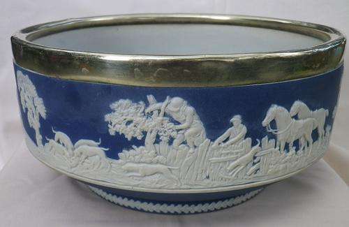 SPLENDID VINTAGE c1890s ADAMS TUNSTALL ENGLAND BLUE & WHITE JASPERWARE BOWL.SILVER-PLATED RIM
