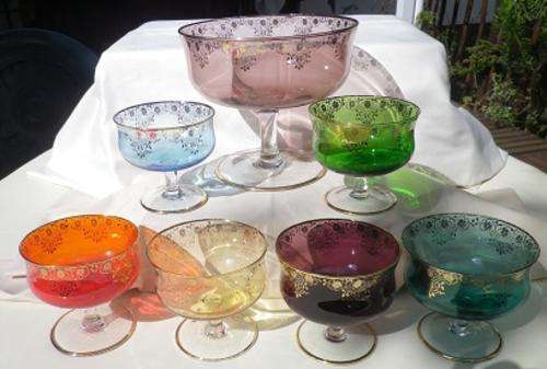 GLORIOUS!! 7-PCE VINTAGE BOHEMIAN LOOK GILDED CRYSTAL DESSERT SET. BEAUTIFUL COLOURS.
