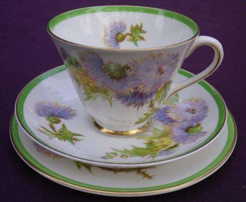 RARE & BEAUTIFUL c1938 ROYAL DOULTON 'GLAMIS THISTLE' TRIO. H.4601. Signed by the artist P Curnock