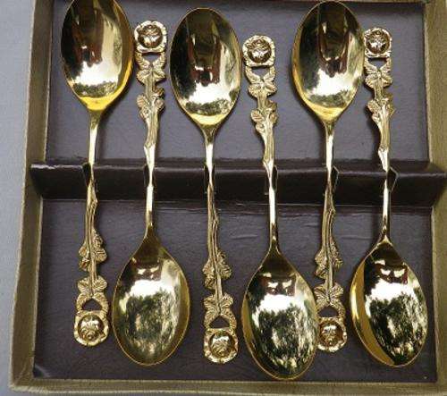 Oustanding quality 24ct Gold plated teaspoons by "Braber" Beautiful detailed rose handles