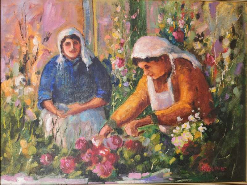 Koos Bronkhorst - Flower Pickers  Oil on board