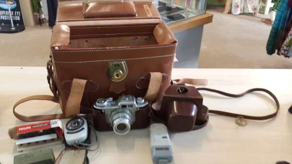 Vintage AKARELLE Camera with tripod , light meters, flashes leather bags etc.