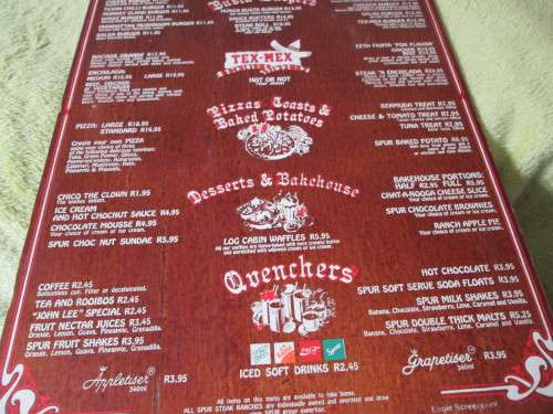 NAVAHO SPUR BRACKENFELL  MENU FROM THE MID  EIGHTIES SPUR BURGERS R10.95