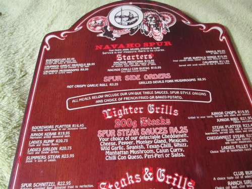 NAVAHO SPUR BRACKENFELL  MENU FROM THE MID  EIGHTIES SPUR BURGERS R10.95