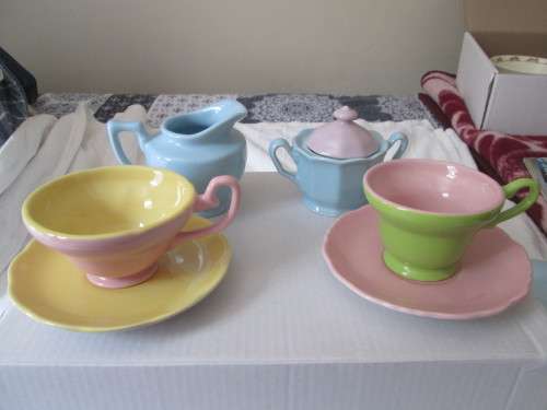 TEA FOR TWO 2 CUPS 4 PLATES WITH SUGAR AND MILK JAR