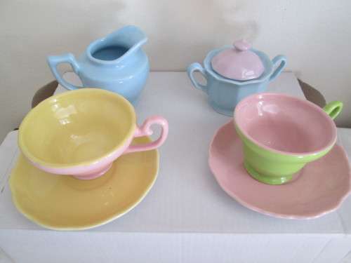 TEA FOR TWO 2 CUPS 4 PLATES WITH SUGAR AND MILK JAR