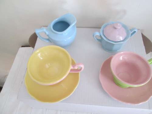 TEA FOR TWO 2 CUPS 4 PLATES WITH SUGAR AND MILK JAR