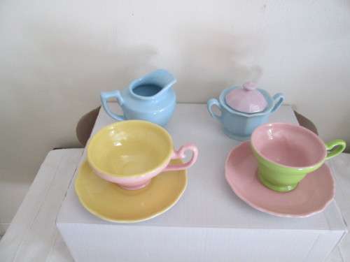 TEA FOR TWO 2 CUPS 4 PLATES WITH SUGAR AND MILK JAR
