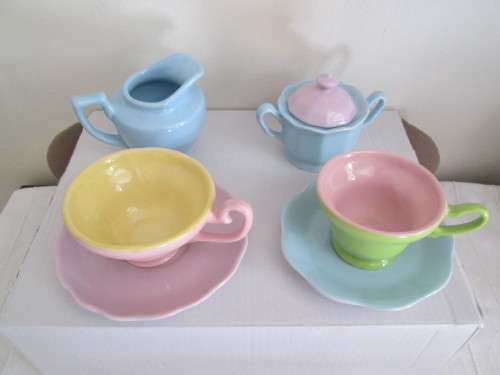 TEA FOR TWO 2 CUPS 4 PLATES WITH SUGAR AND MILK JAR