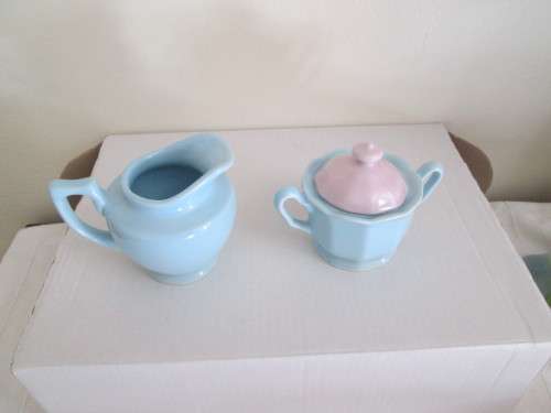 TEA FOR TWO 2 CUPS 4 PLATES WITH SUGAR AND MILK JAR