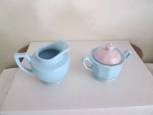 TEA FOR TWO 2 CUPS 4 PLATES WITH SUGAR AND MILK JAR