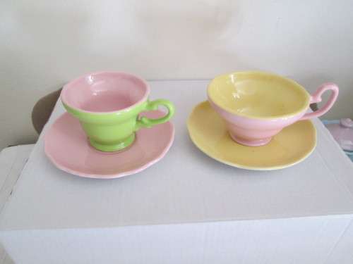 TEA FOR TWO 2 CUPS 4 PLATES WITH SUGAR AND MILK JAR