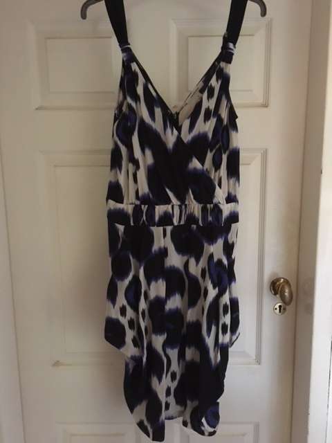 Bold Print Blue, Black and White Country Road Silk Dress