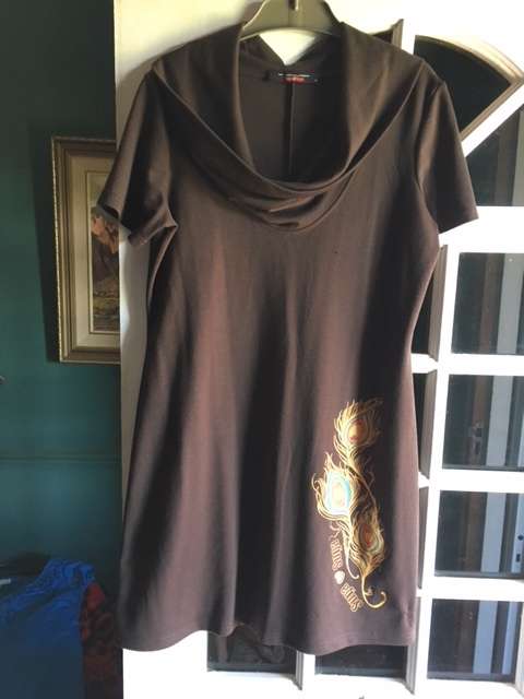 Brown cowl neck dress with peacock feather detail - Suga Suga SA Designers at Woolworths