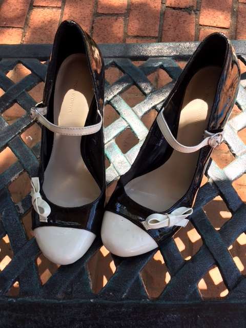 Black Mary-Jane Heels with White Cap Toe and Bow Detail