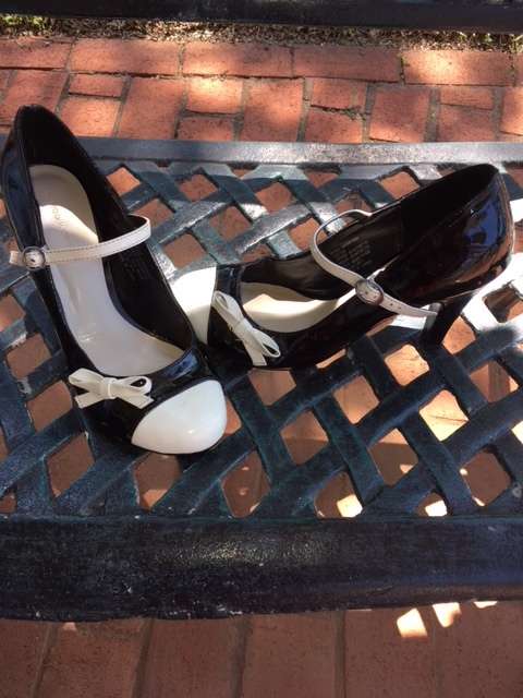 Black Mary-Jane Heels with White Cap Toe and Bow Detail