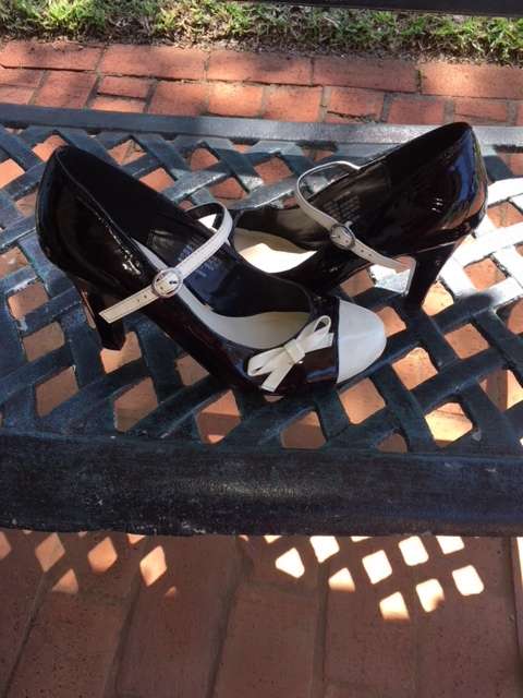 Black Mary-Jane Heels with White Cap Toe and Bow Detail