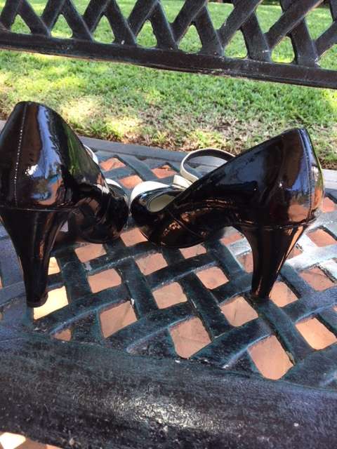 Black Mary-Jane Heels with White Cap Toe and Bow Detail