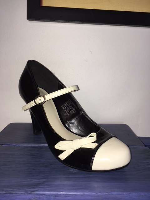 Black Mary-Jane Heels with White Cap Toe and Bow Detail