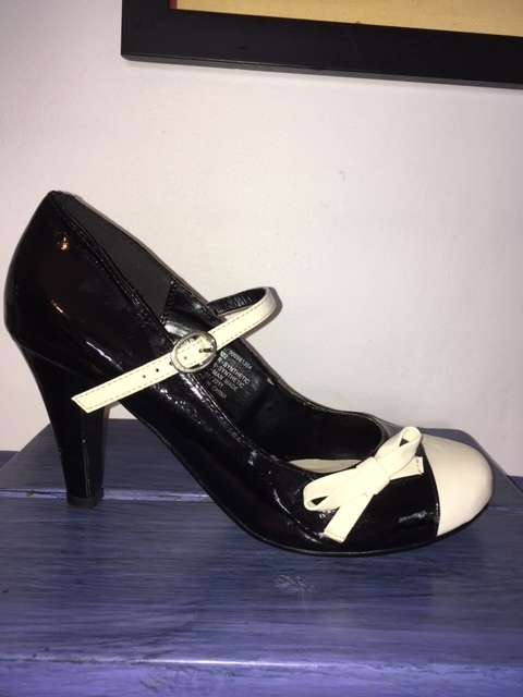 Black Mary-Jane Heels with White Cap Toe and Bow Detail