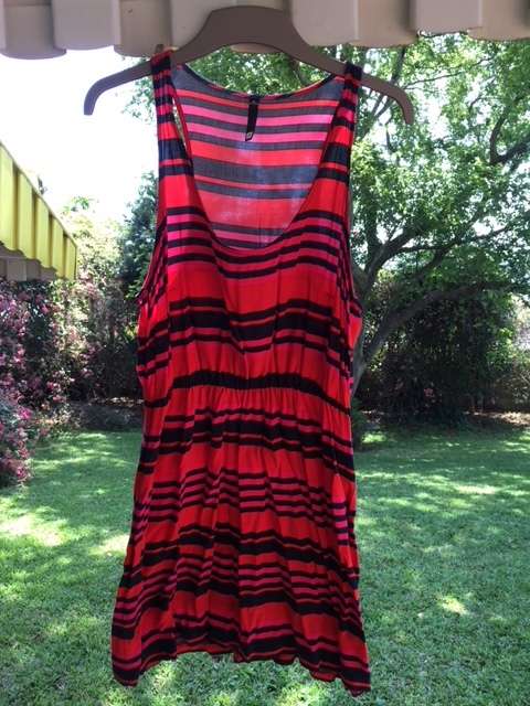 Red, pink and black striped mini dress