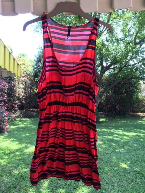 Red, pink and black striped mini dress