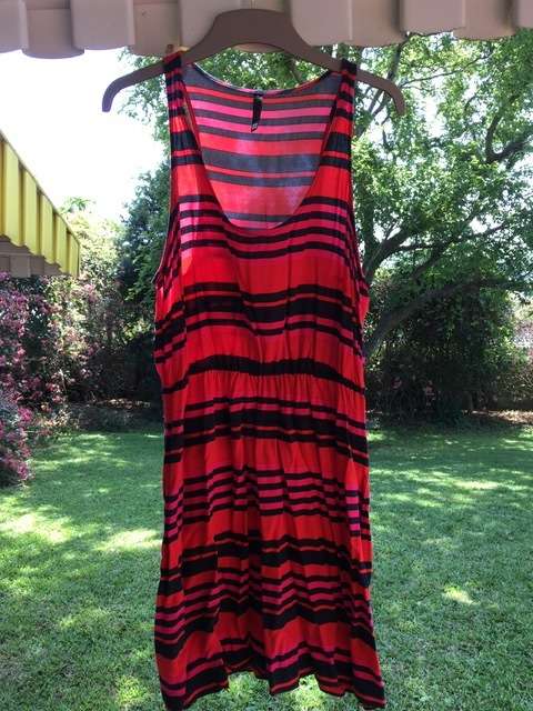 Red, pink and black striped mini dress