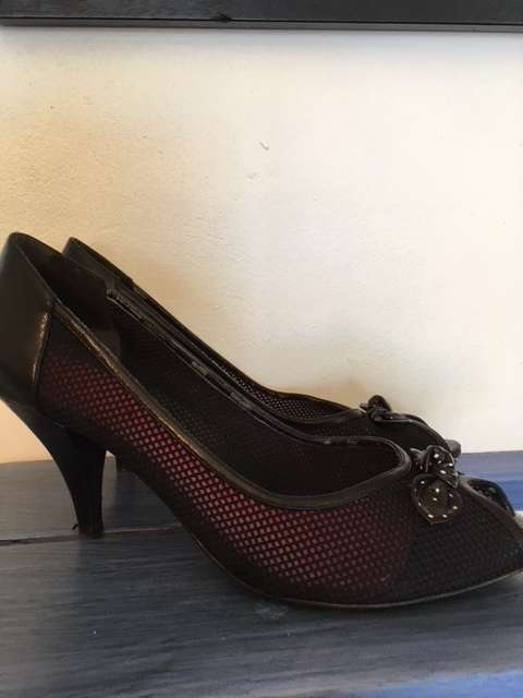 Black mesh peep toe kitten heels by Guess
