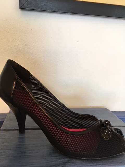 Black mesh peep toe kitten heels by Guess