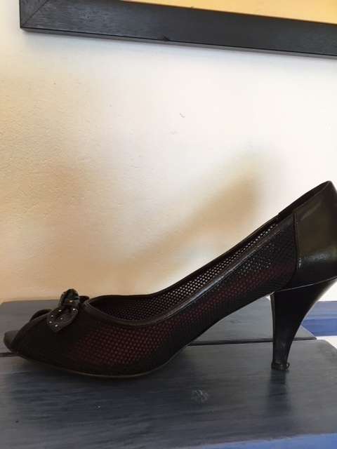 Black mesh peep toe kitten heels by Guess