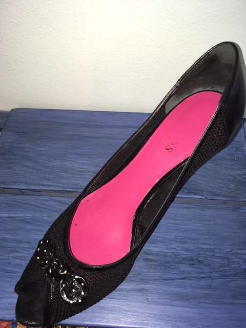Black mesh peep toe kitten heels by Guess