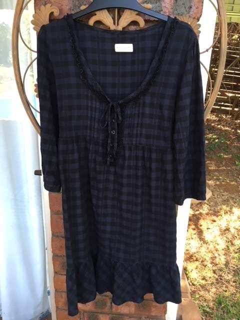 Dark blue and black check dress with empire line and back tie