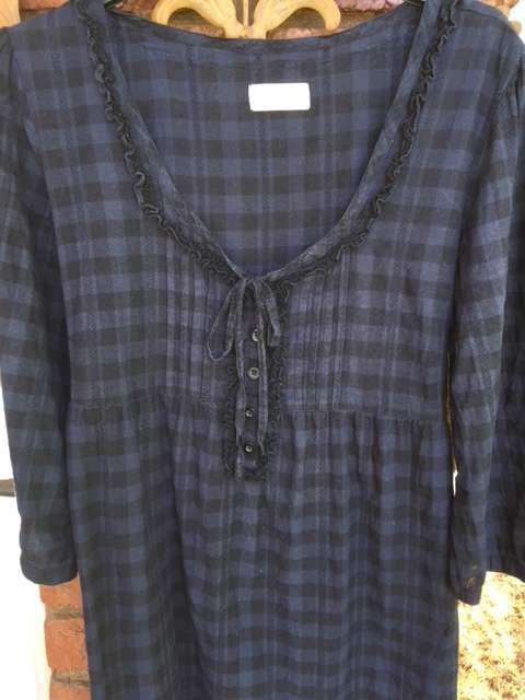 Dark blue and black check dress with empire line and back tie