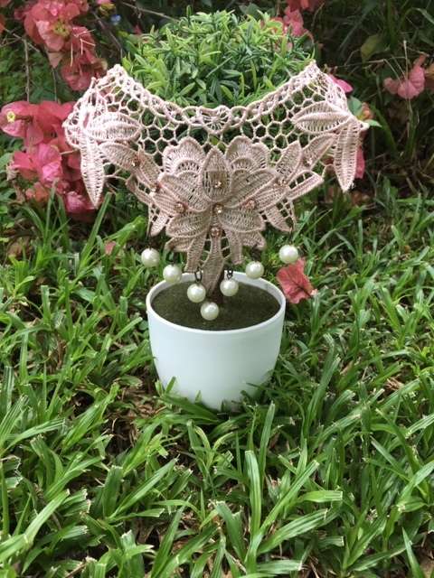 Nude pink vintage lace collar necklace