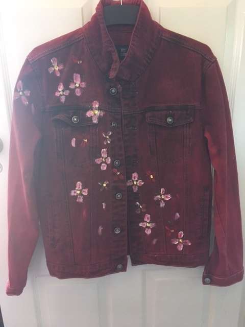Dragon Cherry Blossom Painted Red Denim Jacket