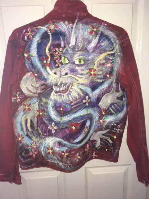 Dragon Cherry Blossom Painted Red Denim Jacket