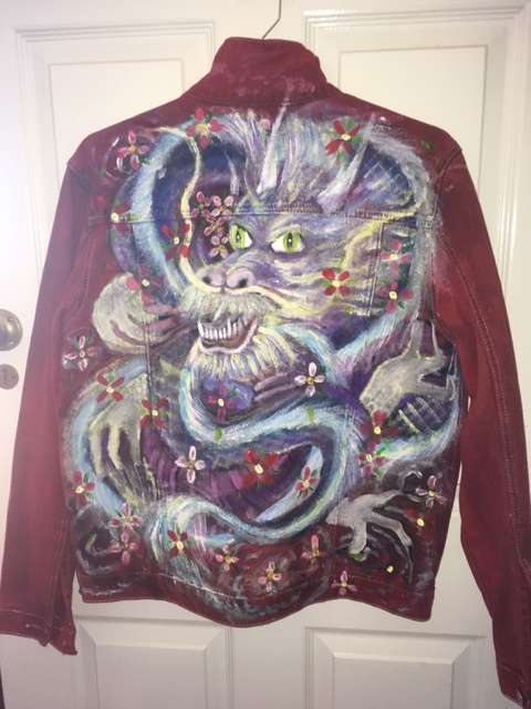 Dragon Cherry Blossom Painted Red Denim Jacket
