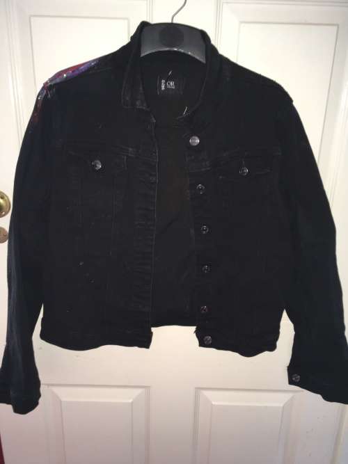 Painted Black Denim Jacket - Skull and Winged Cat