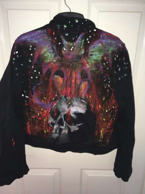 Painted Black Denim Jacket - Skull and Winged Cat