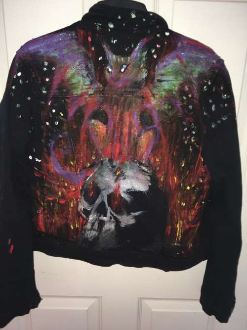 Painted Black Denim Jacket - Skull and Winged Cat