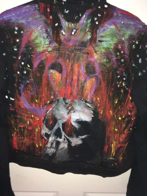 Painted Black Denim Jacket - Skull and Winged Cat