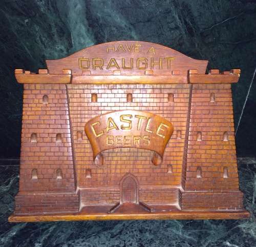 ANTIQUE SOLID HANDCARVED OAK CASTLE DRAUGHT BEER ADVERTISEMENT BAR MANTLE PIECE.