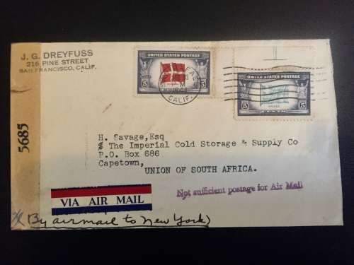 1944 U.S.AIR MAIL COVER FROM SAN FRANCISCO TO CAPE TOWN VIA NEW YORK EXAMINED 5685