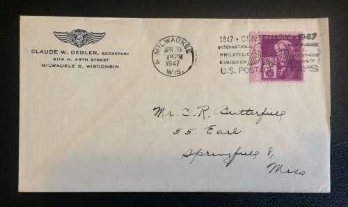 1947 U.S. CENTENARY INT. PHILATELIC EXHIBITION MILWAUKEE COVER