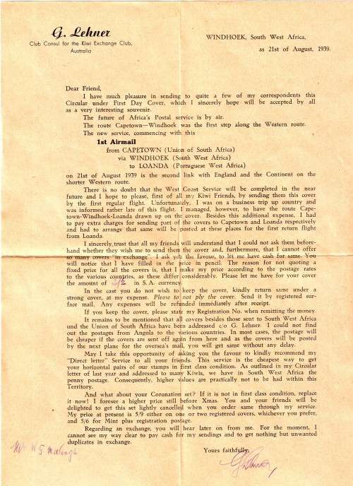 1939 1ST AIRMAIL CAPE TOWN VIA WINDHOEK TO LOANDA ANGOLA DESTINED FOR SYDNEY AUSTRALIA UNOPENED
